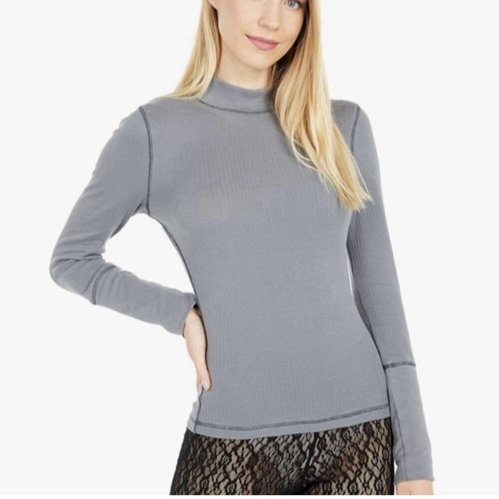 NWT Free People Womens Mock Neck Pullover Top Gray Sz S Stretch Ribbed Sleeve